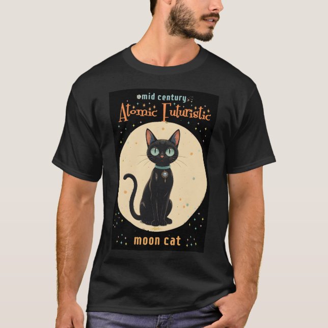 Atomatisk Futuristiska Black Cat Måne med text T Shirt (Framsida)