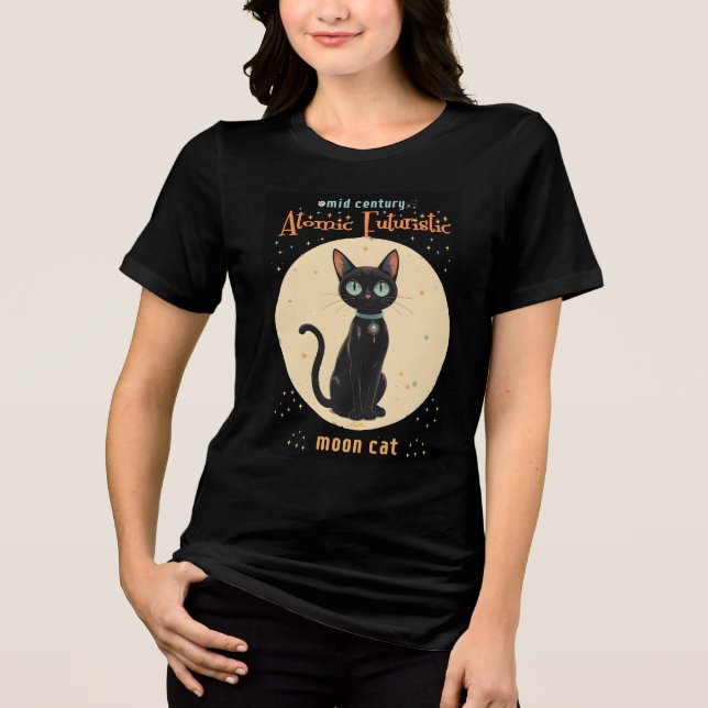 Atomatisk Futuristiska Black Cat Måne med text T Shirt (Framsida)