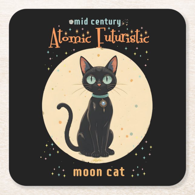 Atomatisk Futuristiska Black Cat Måne med text Underlägg Papper Kvadrat (Framsidan)