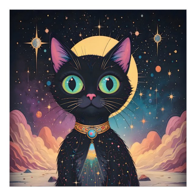 Atomatisk Futuristiska, svart katt i Moonlight Fototryck (Framsidan)