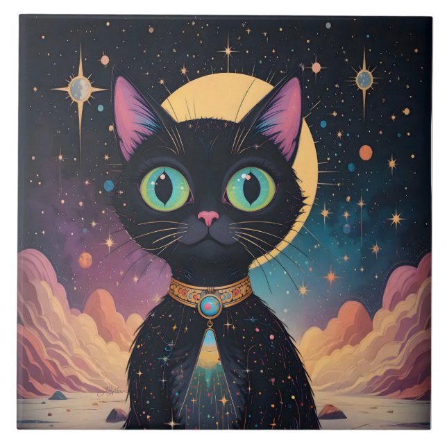 Atomatisk Futuristiska, svart katt i Moonlight Kakelplatta (Framsidan)