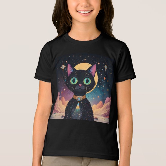 Atomatisk Futuristiska, svart katt i Moonlight T Shirt (Framsida)