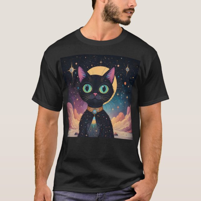 Atomatisk Futuristiska, svart katt i Moonlight T Shirt (Framsida)
