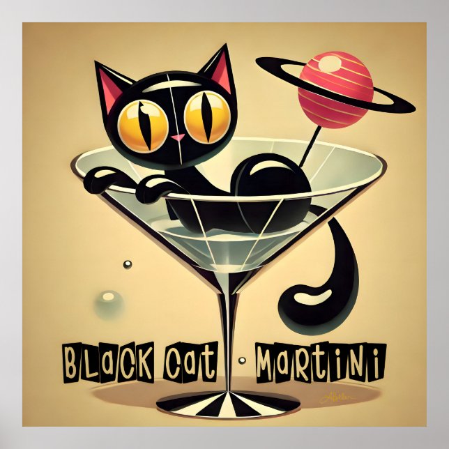 Atomets rymdålder svart Futuristiska Martini Poster (Framsidan)