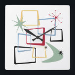 Atomic Age Squares Boomerang Starburst Mid Century Fyrkantig Klocka<br><div class="desc">Lägg till stänk i roligt och färg i muren med den här fantastiska atomeran i mitten av århundradet,  modern väggklocka! Den här designen har abstrakt-fyrkanter,  stjärnor och en bomerang i färg av rött,  grönt,  blått,  gult och svart... Så funky!</div>