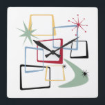 Atomic Age Squares Boomerang Starburst Mid Century Fyrkantig Klocka<br><div class="desc">Lägg till stänk i roligt och färg i muren med den här fantastiska atomeran i mitten av århundradet,  modern väggklocka! Den här designen har abstrakt-fyrkanter,  stjärnor och en bomerang i färg av rött,  grönt,  blått,  gult och svart... Så funky!</div>
