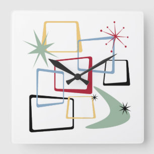 Atomic Age Squares Boomerang Starburst Mid Century Fyrkantig Klocka