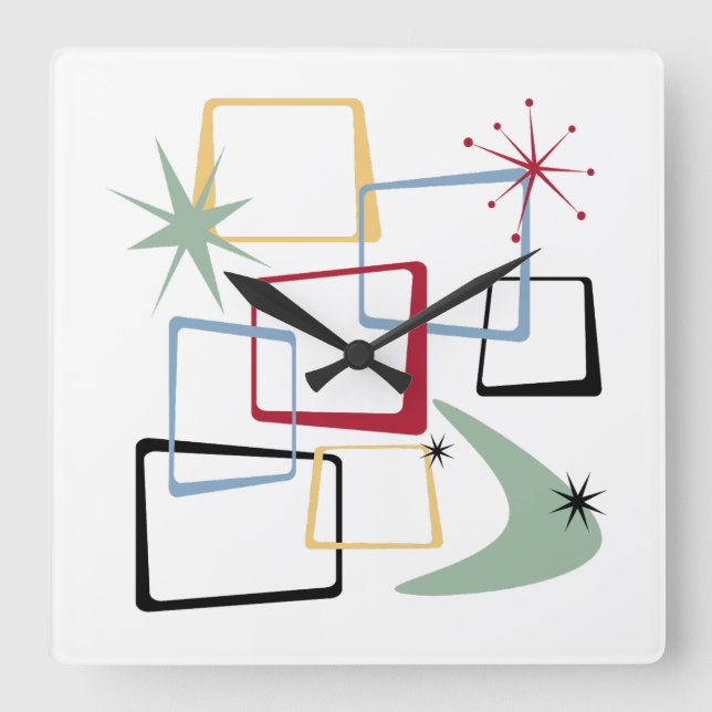 Atomic Age Squares Boomerang Starburst Mid Century Fyrkantig Klocka (Framsida)