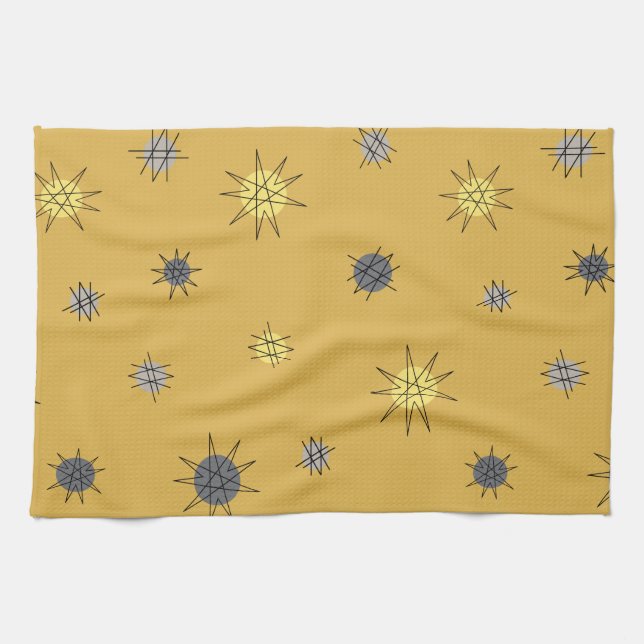 Atomic Age Starburst Planeter Ockra Grå Kökshandduk (Horisontell)