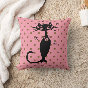 ATOMIC CAT BLACK RETRO ROSA POLKA DOT PILLOW KUDDE