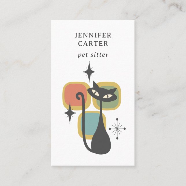 ATOMIC CAT MID CENTURY SQUARES PET SITTER GULT VISITKORT (Framsida)