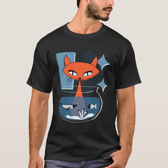 Atomic Cat With Fish Bowl Mid Century Modern Style T Shirt (Framsida)