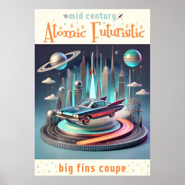 Atomic Futuristic Big Fins Coupe Car Poster (Framsidan)