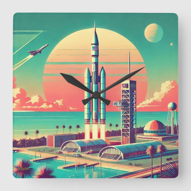 Atomic Futuristic New Florida Launch Site Fyrkantig Klocka (Framsida)