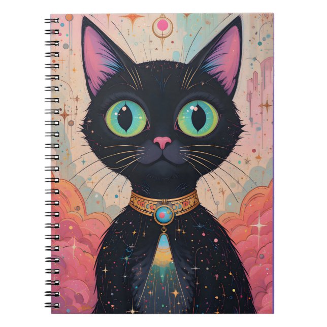 Atomic Futuristiska Cosmic Black Cat Universe Anteckningsbok (Framsidan)