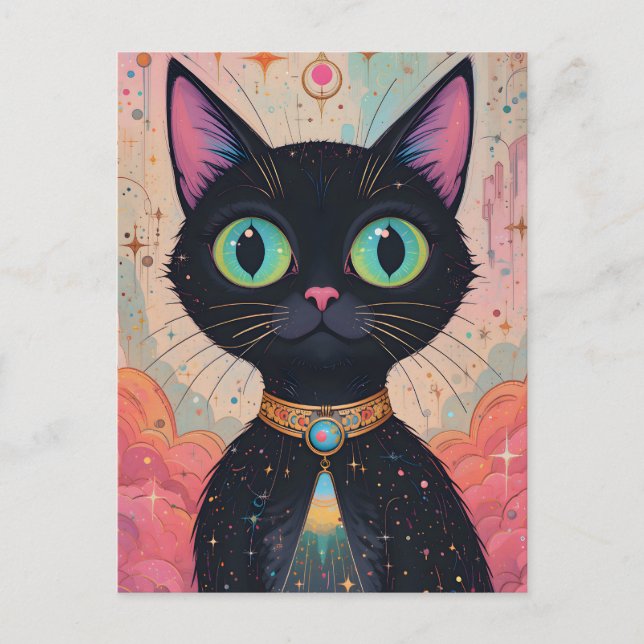 Atomic Futuristiska Cosmic Black Cat Universe Vykort (Framsida)