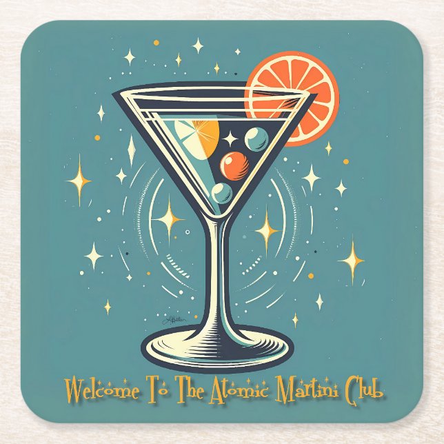 Atomic Martini Club Retro Futuristisk Cocktail Underlägg Papper Kvadrat (Framsidan)