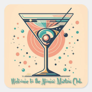 Atomic Martini Club Retro Futuristisk Rymdålder Fyrkantigt Klistermärke