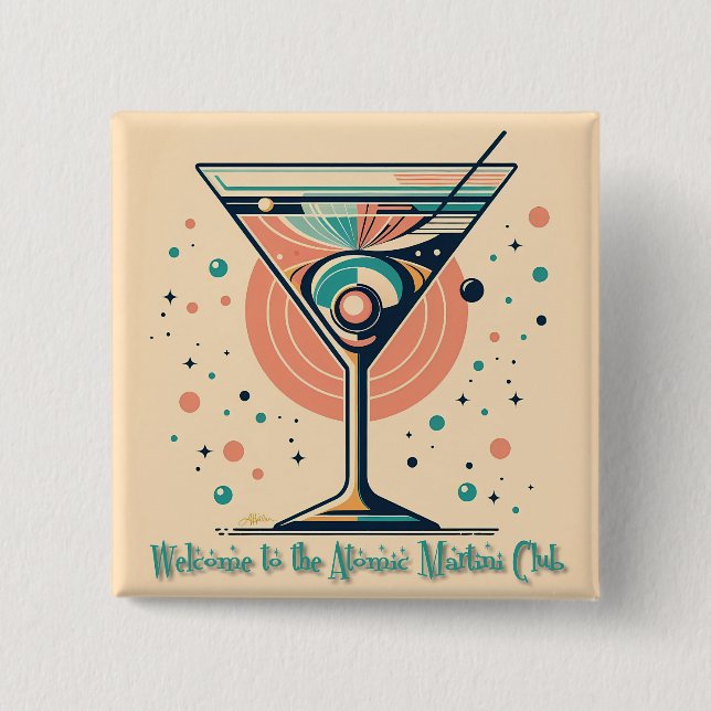 Atomic Martini Club Retro Futuristisk Rymdålder Knapp (Framsida)