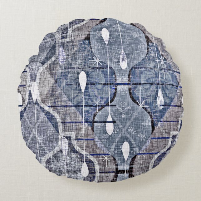 Atomic Ogee Blue Grått Modern Farmhouse Midsekel Rund Kudde (Framsidan)