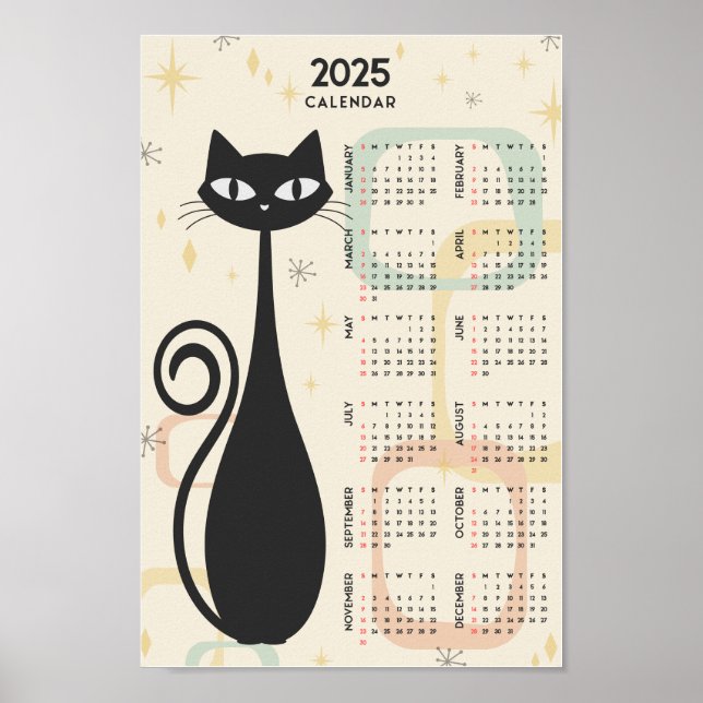 Atomic Retro Black Cat Mid Century 2025 Calendar Poster (Framsidan)