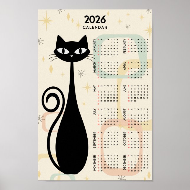 Atomic Retro Black Cat Mid Century 2026 Calendar Poster (Framsidan)