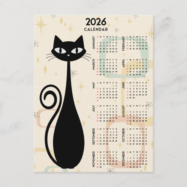 Atomic Retro Svart Katt Mid Century 2026 Kalender Vykort (Framsida)