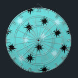 Atomic Turcos Starbursts Metall Dart Board Darttavla<br><div class="desc">Denna atomturkos Starbursts Metall Cage Dart Board har hela mitt århundrade modern roligt av ditt mormas kök, minus det klibbiga linoleum. Kitschydesignen har en bakgrund med grönt med guld-spekkler och slumpmässigt placerade stjärnsprängningar i svart, samt skuggor av akvarier och turkos. Denna vintage inspirerade mönster är modet tillräckligt för att vara...</div>