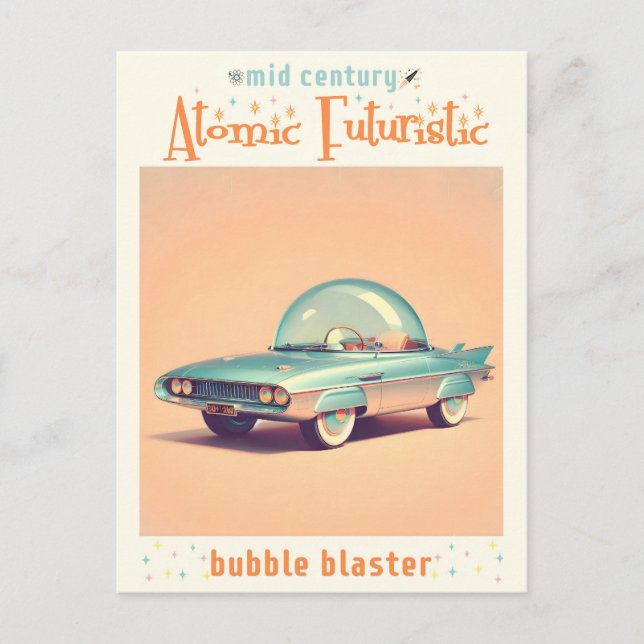 Atomisk Futuristisk Bubbelblåsarbil Vykort (Framsida)