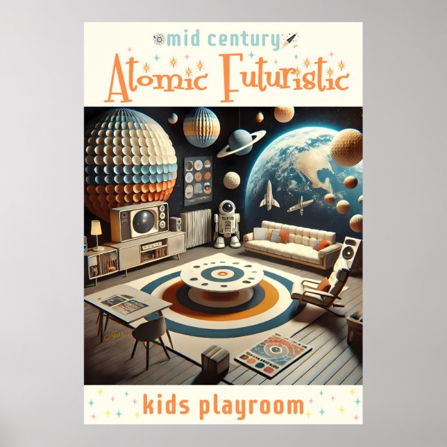 Atomisk Futuristisk Rymdålder Lekrum för Barn Poster (Framsidan)
