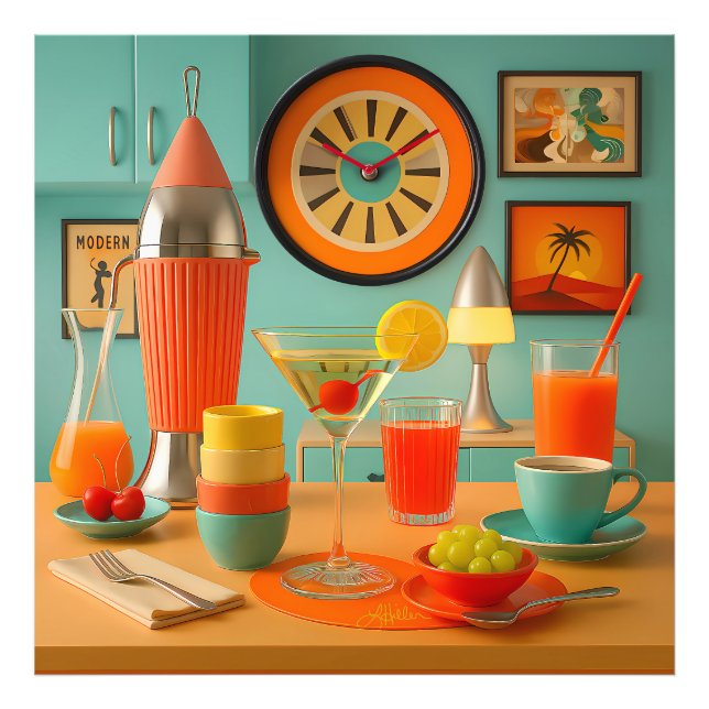 Atomisk Retro Futuristisk Martini Frukostbar Fototryck (Framsidan)
