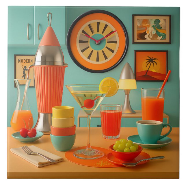 Atomisk Retro Futuristisk Martini Frukostbar Kakelplatta (Framsidan)