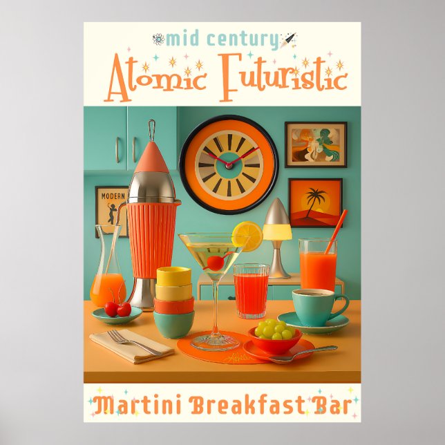 Atomisk Retro Futuristisk Martini Frukostbar Poster (Framsidan)