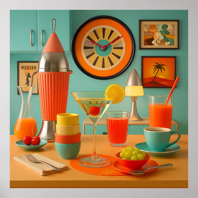 Atomisk Retro Futuristisk Martini Frukostbar Poster (Framsidan)