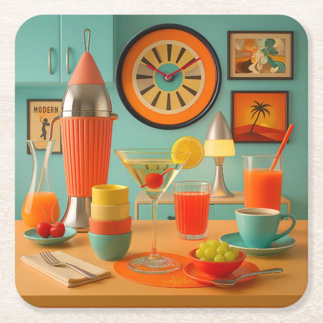 Atomisk Retro Futuristisk Martini Frukostbar Underlägg Papper Kvadrat (Framsidan)