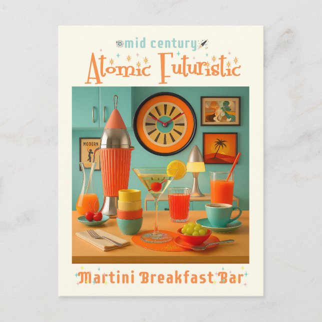 Atomisk Retro Futuristisk Martini Frukostbar Vykort (Framsida)