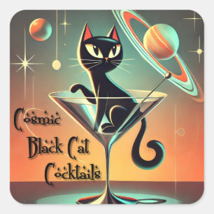 Atomiska Futuristiska Kosmiska Svarta Katt-cocktai Fyrkantigt Klistermärke