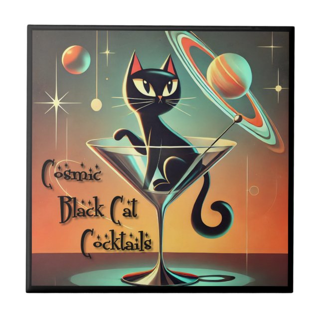 Atomiska Futuristiska Kosmiska Svarta Katt-cocktai Kakelplatta (Framsidan)