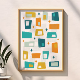 Atomiska tidsålderns Mid Century Modern Block Teal Poster