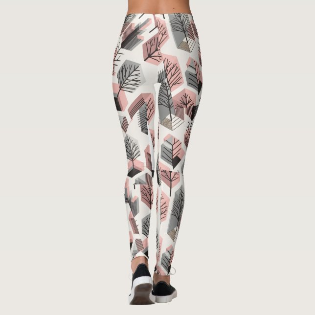 Atomiskt rosa grått lapptäcke träd prisma mönster  leggings (Baksida)