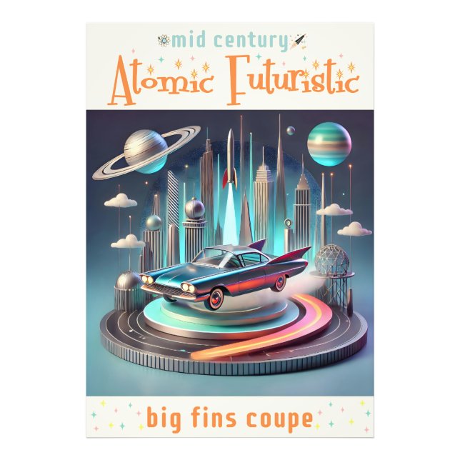 Atomistisk Futuristisk Coupébil med Stora Fins Fototryck (Framsidan)