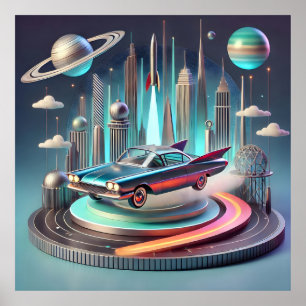 Atomistisk Futuristisk Coupébil med Stora Fins Poster