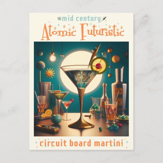 Atomistisk Futuristisk Kretskort Martini Vykort (Framsida)