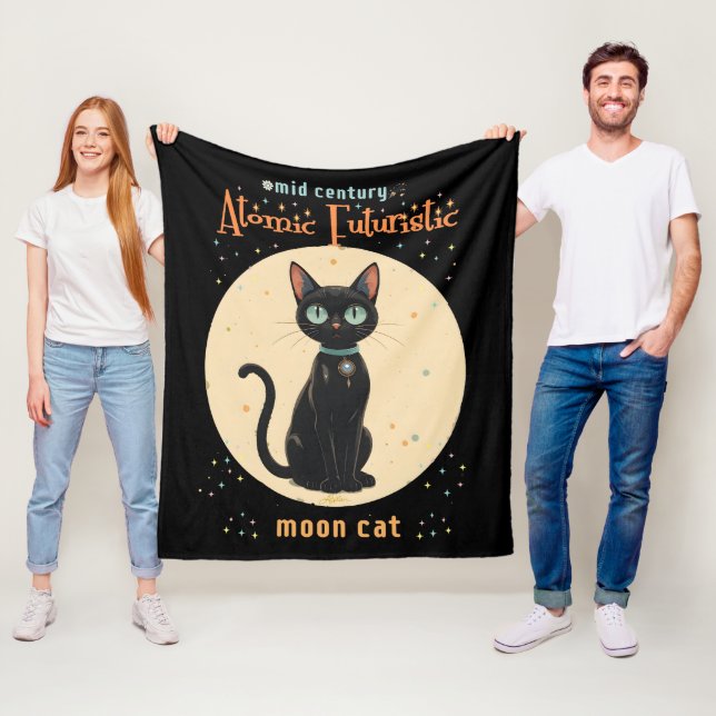 Atomistisk Futuristisk Svart Katt Måne med text Fleecefilt (På plats)
