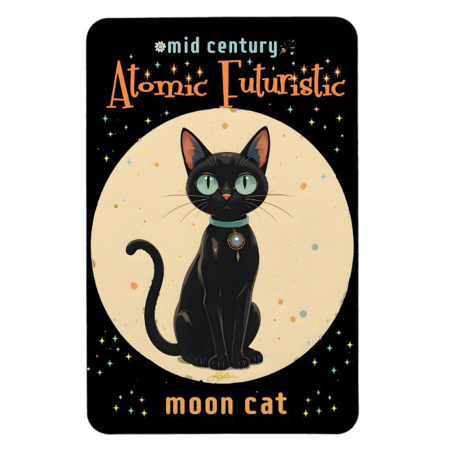 Atomistisk Futuristisk Svart Katt Måne med text Magnet (Vertikal)