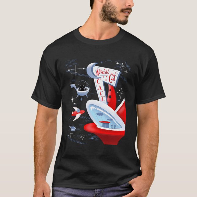 Atomkaféens Futuristiska Spaceport Mid Century T Shirt (Framsida)