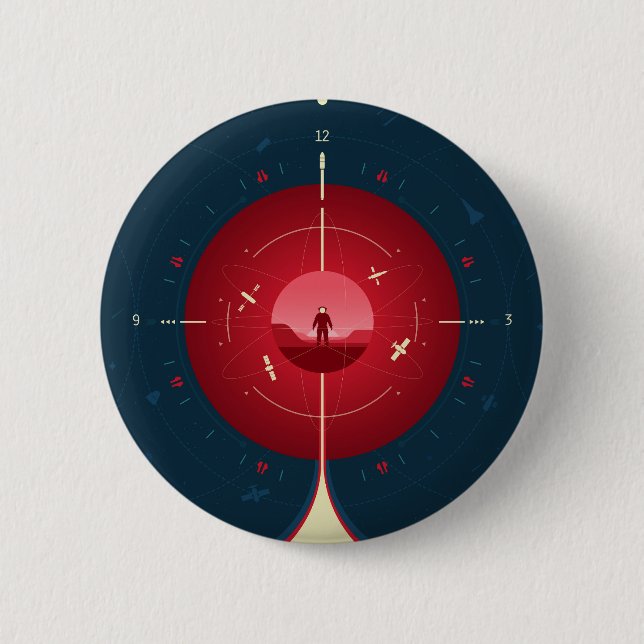 Atomklocka för djupt utrymme Poster, röd version. Knapp (Framsida)