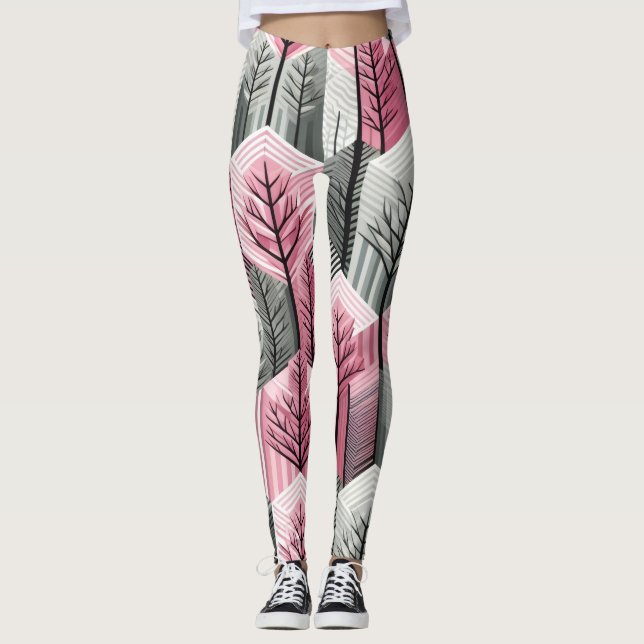 Atomrosa grå geometriskt trädgaller leggings (Framsida)