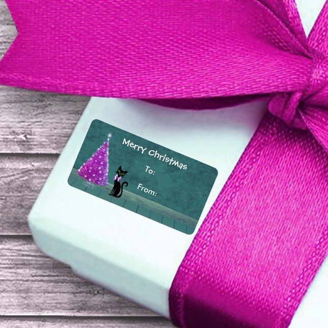 Atomsvart katt Rosa silver Julgran Teal Adressetikett (Pink silver tree cute black cat teal room on Christmas gift tag labels.)