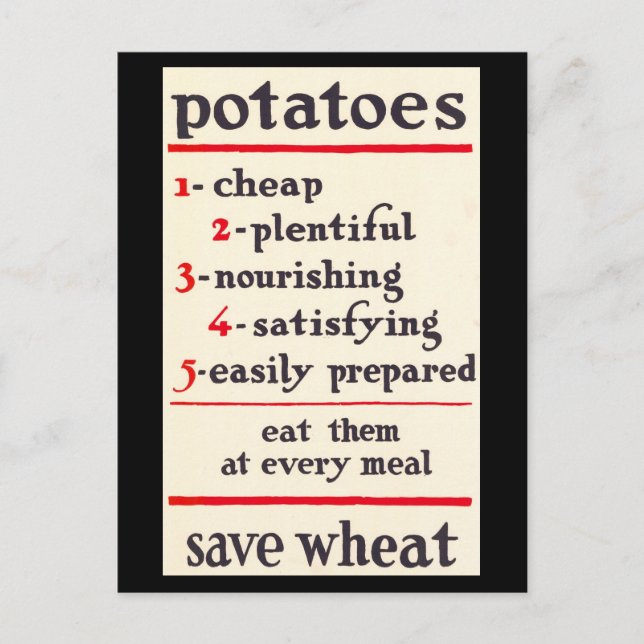 Ätpotatis, Spara Wheat Wartime WWI Poster Vykort (Framsida)